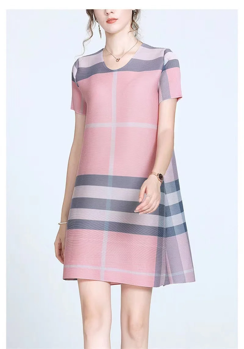 Miyake Pleated French Mini Dress for Women, High-end, Western-style, Loose, Age-reducing Print, Striped, New Clothing, 2022