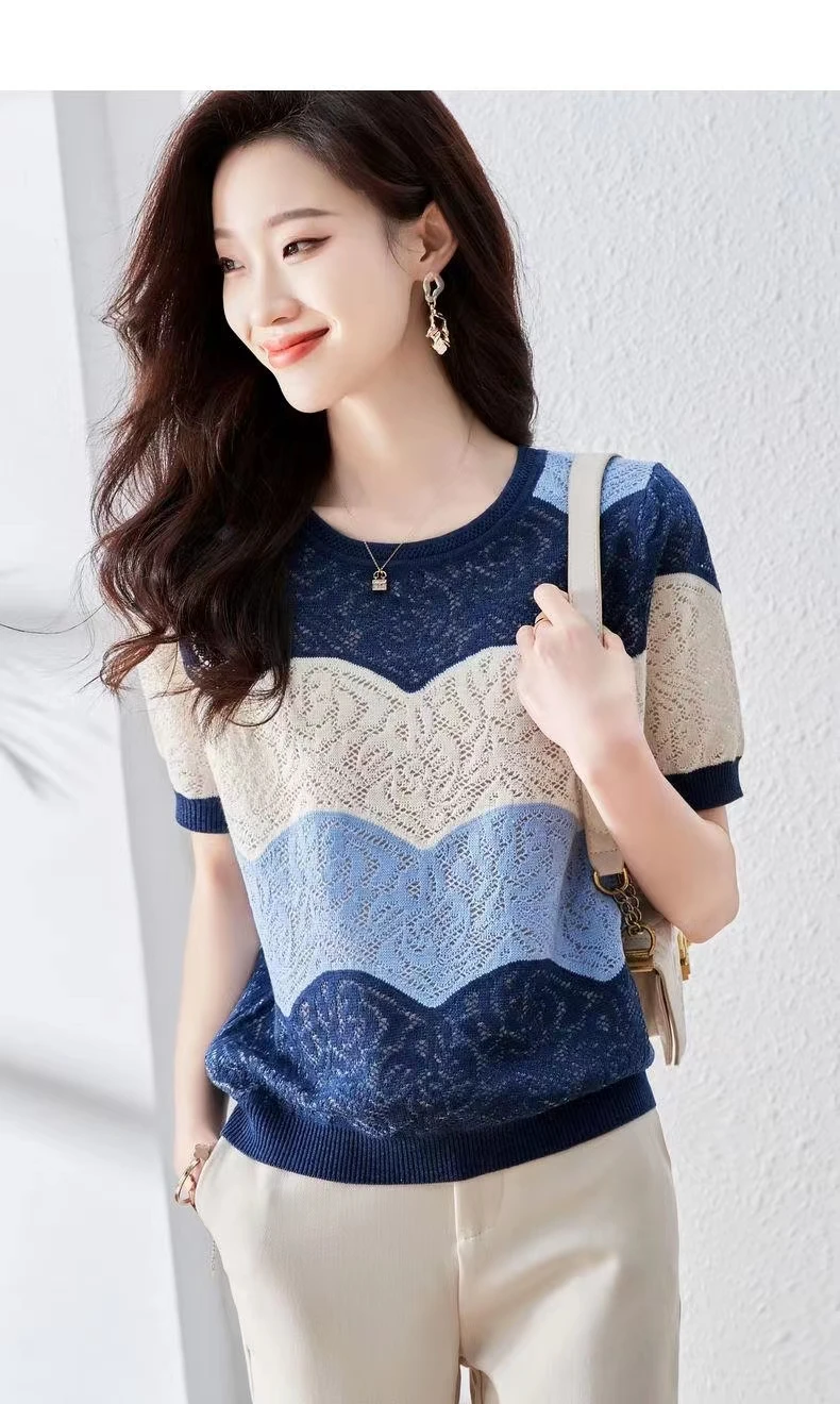 new fashionable summer dress hollow out net gauze ice silk knit short sleeve women's round collar  thin T shirt thin loose top