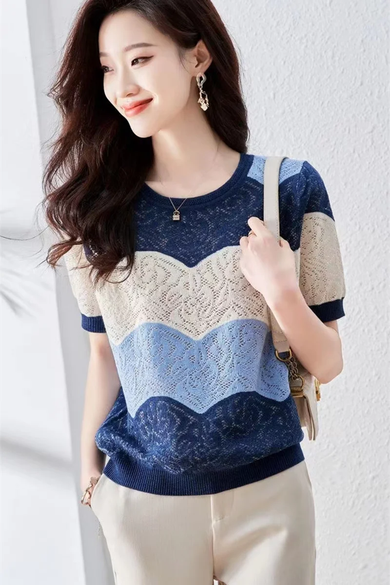 new fashionable summer dress hollow out net gauze ice silk knit short sleeve women's round collar  thin T shirt thin loose top