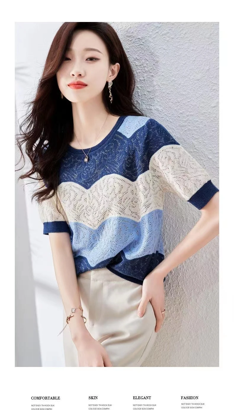 new fashionable summer dress hollow out net gauze ice silk knit short sleeve women's round collar  thin T shirt thin loose top