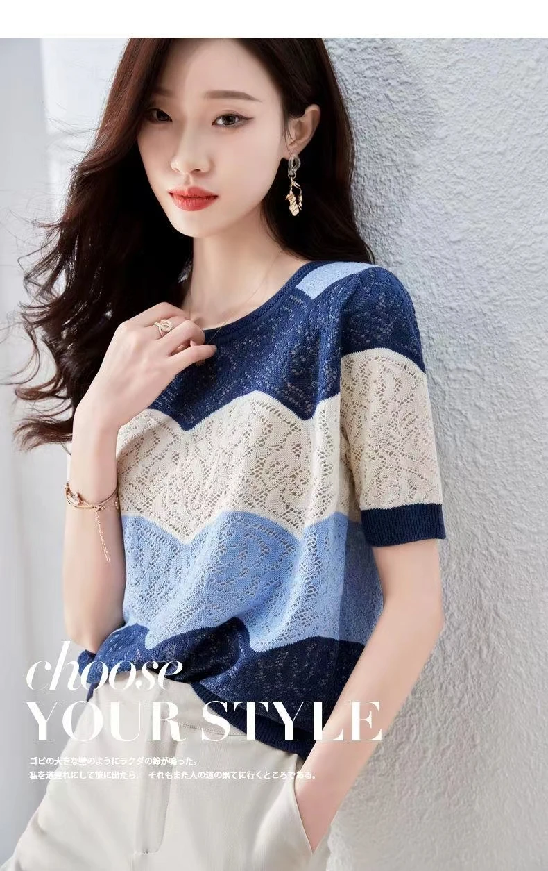 new fashionable summer dress hollow out net gauze ice silk knit short sleeve women's round collar  thin T shirt thin loose top