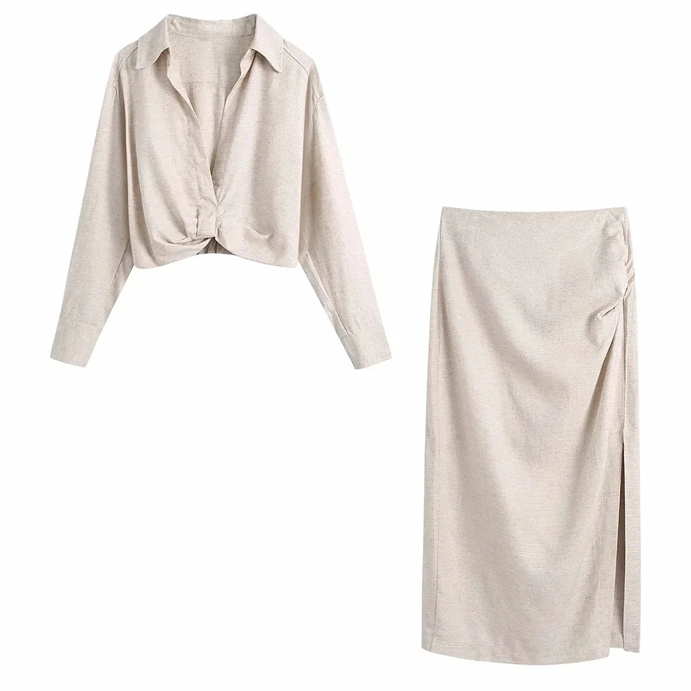 2021 Summer Women gray TurnDown Collar Long sleeve slim short shirt Female Side Slit Folds skirt Ladies casual Two pieces set