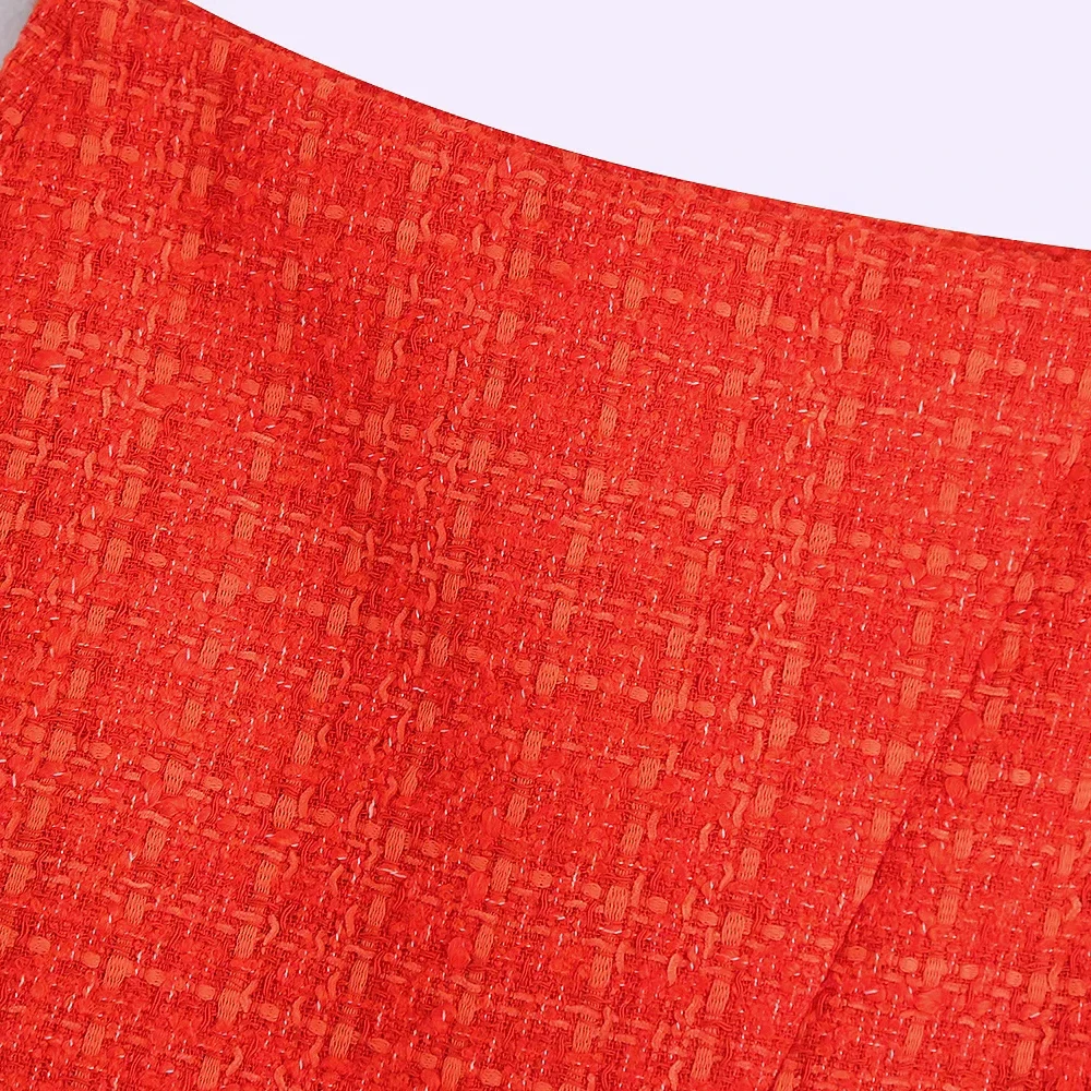 xikom 2021 Tweed Two pieces set Women red Vintage V Neck Long Sleeve Office Lady slim Blazer Coat Female Hight Waist skirt suit