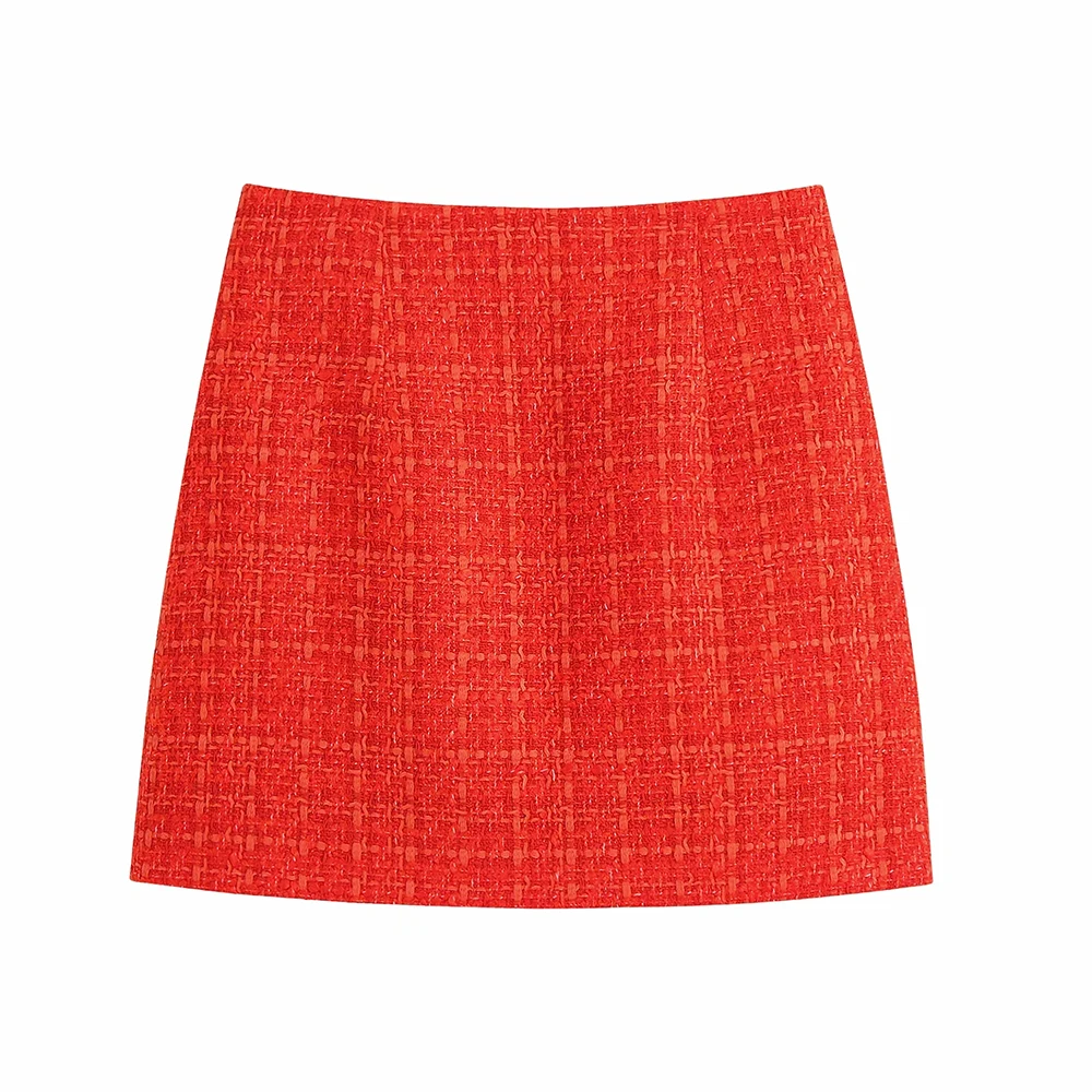 xikom 2021 Tweed Two pieces set Women red Vintage V Neck Long Sleeve Office Lady slim Blazer Coat Female Hight Waist skirt suit