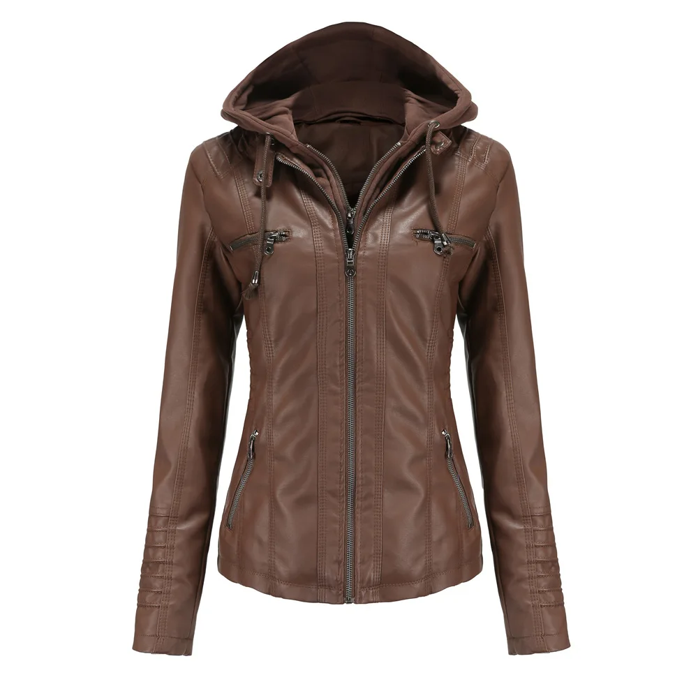 Autumn Winter Women Leather Jacket Hooded Removable PU Leather Jackets Motorcycle Long Sleeve Zipper Coat Black Outerwear S-4XL