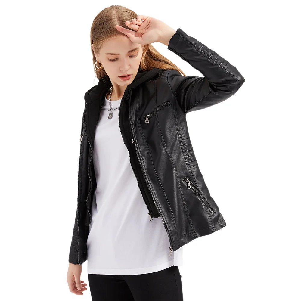Autumn Winter Women Leather Jacket Hooded Removable PU Leather Jackets Motorcycle Long Sleeve Zipper Coat Black Outerwear S-4XL