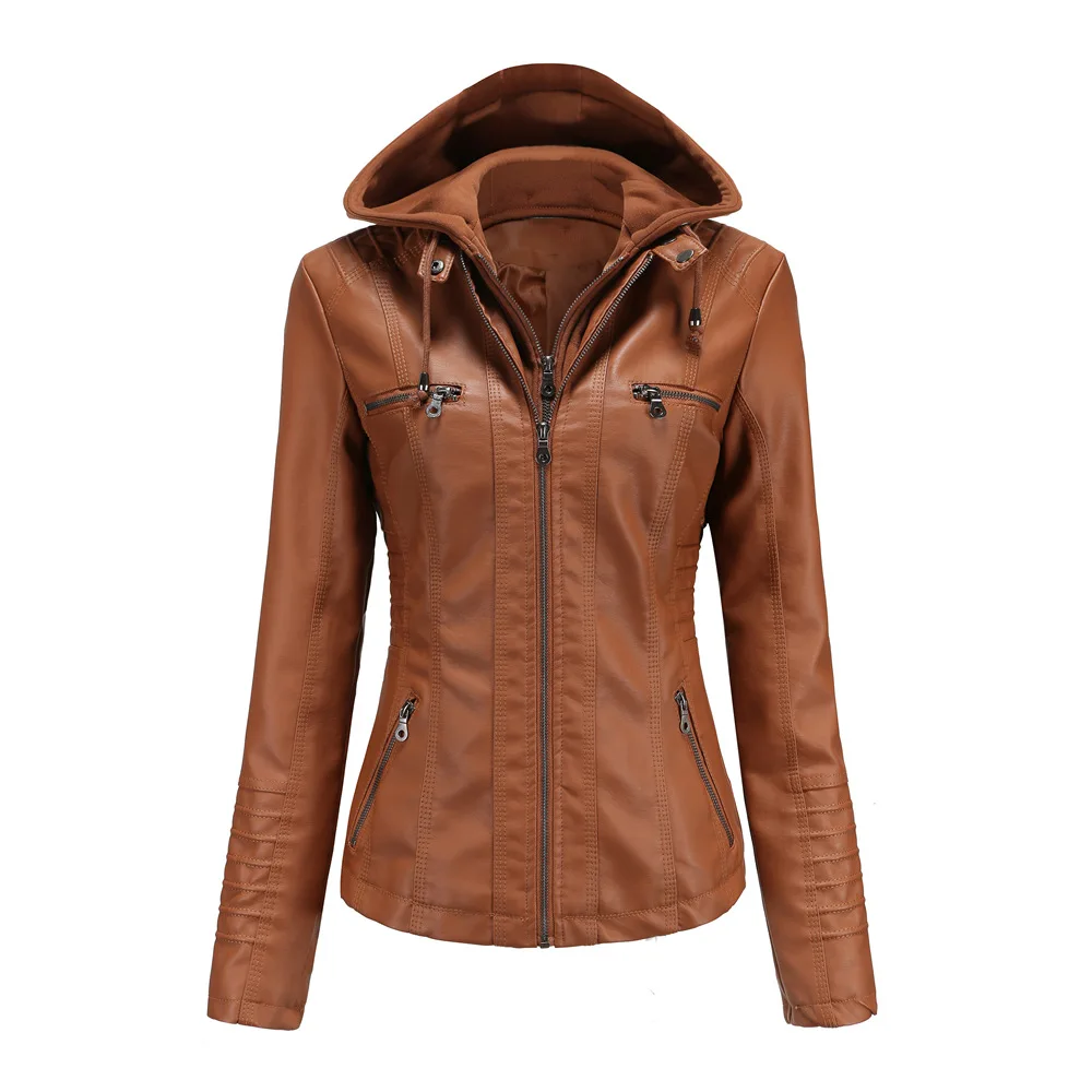 Autumn Winter Women Leather Jacket Hooded Removable PU Leather Jackets Motorcycle Long Sleeve Zipper Coat Black Outerwear S-4XL