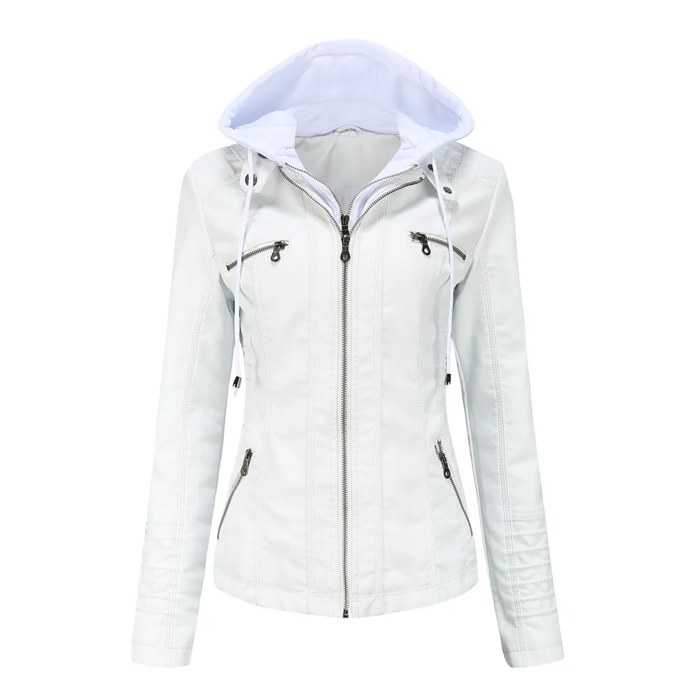 Autumn Winter Women Leather Jacket Hooded Removable PU Leather Jackets Motorcycle Long Sleeve Zipper Coat Black Outerwear S-4XL