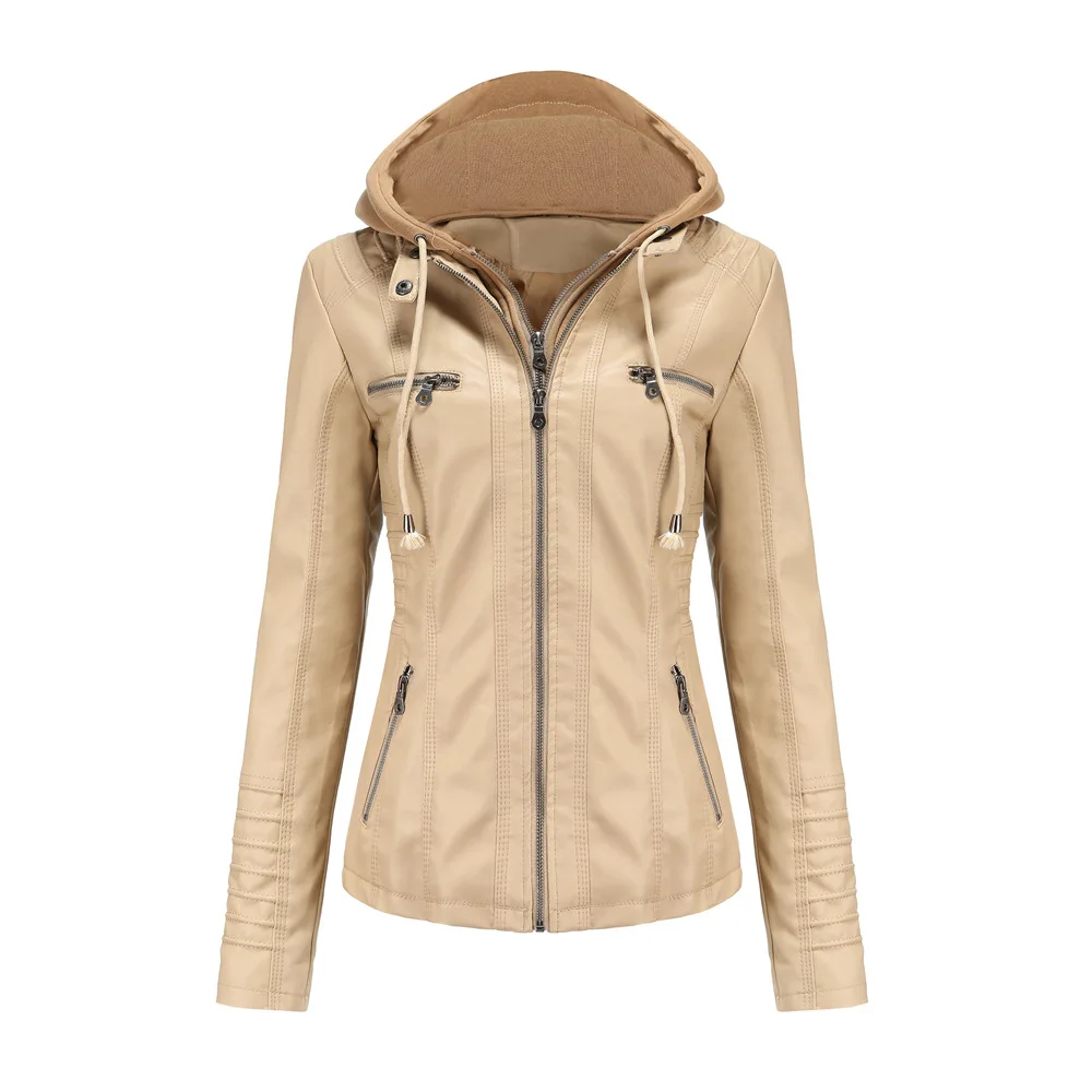 Autumn Winter Women Leather Jacket Hooded Removable PU Leather Jackets Motorcycle Long Sleeve Zipper Coat Black Outerwear S-4XL