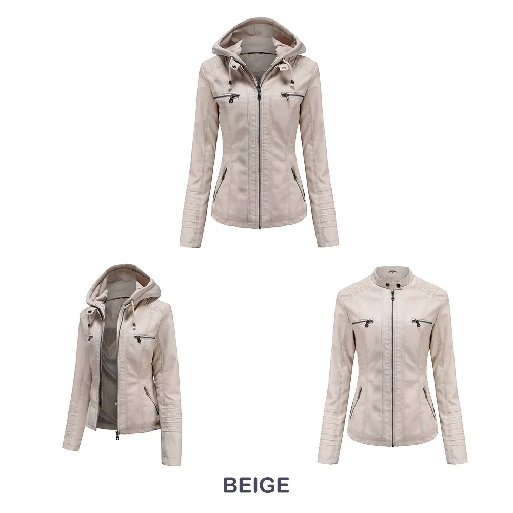 Autumn Winter Women Leather Jacket Hooded Removable PU Leather Jackets Motorcycle Long Sleeve Zipper Coat Black Outerwear S-4XL