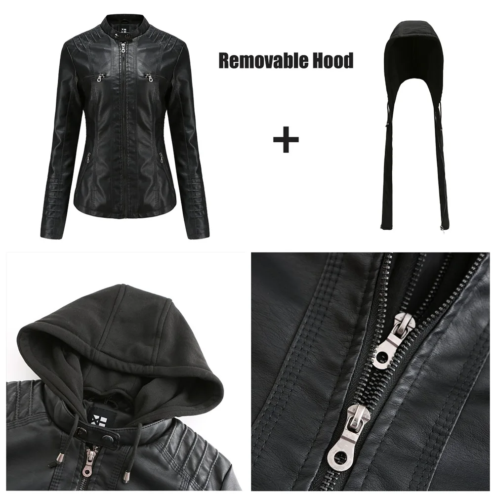 Autumn Winter Women Leather Jacket Hooded Removable PU Leather Jackets Motorcycle Long Sleeve Zipper Coat Black Outerwear S-4XL