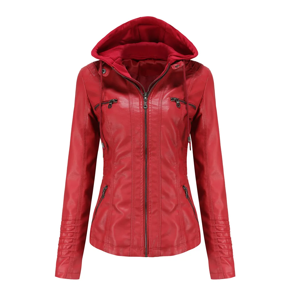 Autumn Winter Women Leather Jacket Hooded Removable PU Leather Jackets Motorcycle Long Sleeve Zipper Coat Black Outerwear S-4XL