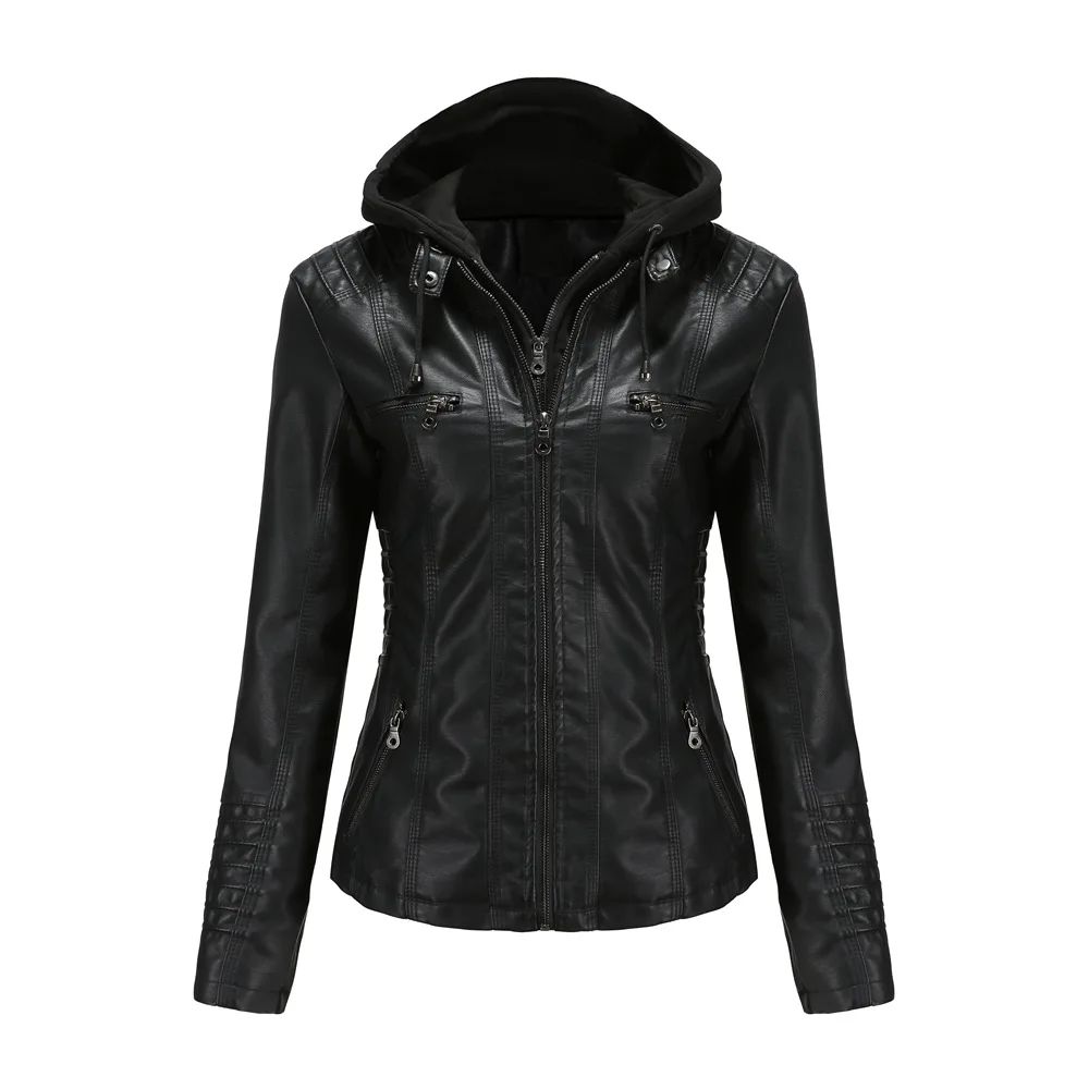 Autumn Winter Women Leather Jacket Hooded Removable PU Leather Jackets Motorcycle Long Sleeve Zipper Coat Black Outerwear S-4XL