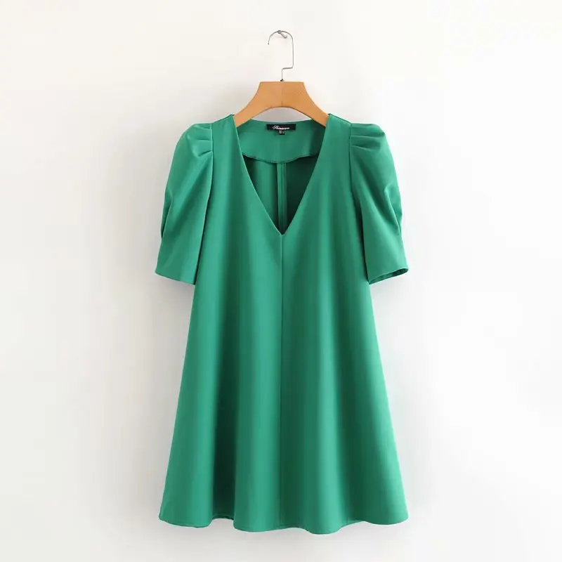 New 2020 women fashion v neck pleats puff sleeve solid green mini dress chic office lady vestidos casual straight dresses DS3681
