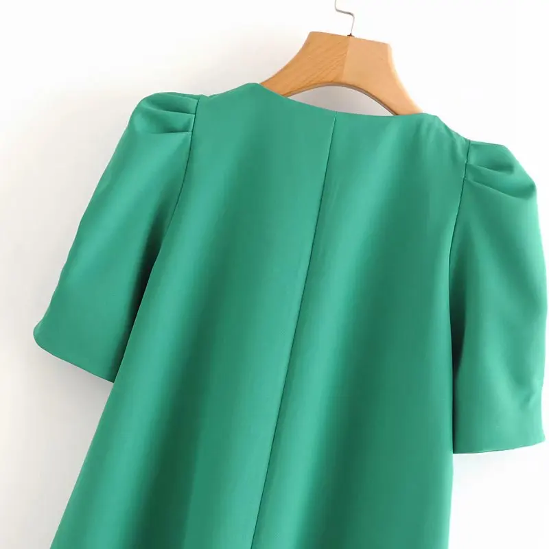 New 2020 women fashion v neck pleats puff sleeve solid green mini dress chic office lady vestidos casual straight dresses DS3681
