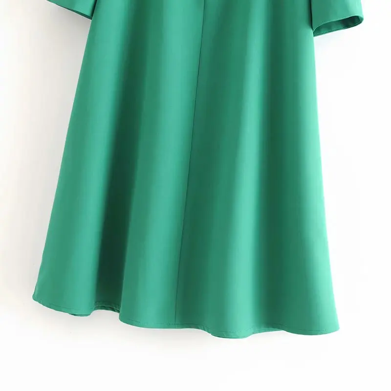 New 2020 women fashion v neck pleats puff sleeve solid green mini dress chic office lady vestidos casual straight dresses DS3681