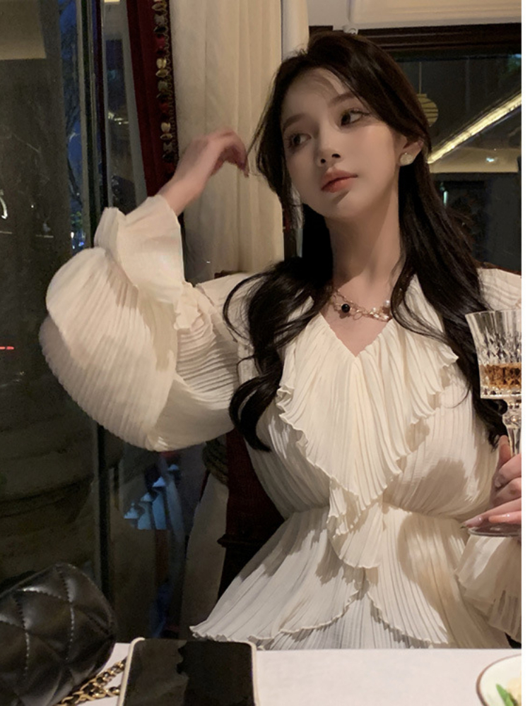Pleated Ruffle Dress Women's Clothing Long Sleeves White Long Dress Spring and Autumn Korean Retro Fashion Grace