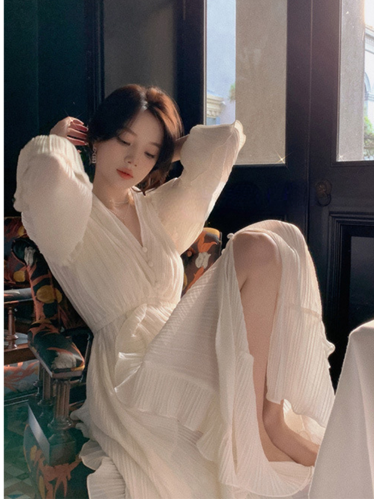 Pleated Ruffle Dress Women's Clothing Long Sleeves White Long Dress Spring and Autumn Korean Retro Fashion Grace