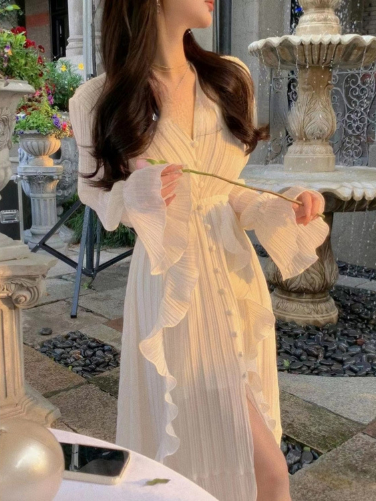 Pleated Ruffle Dress Women's Clothing Long Sleeves White Long Dress Spring and Autumn Korean Retro Fashion Grace