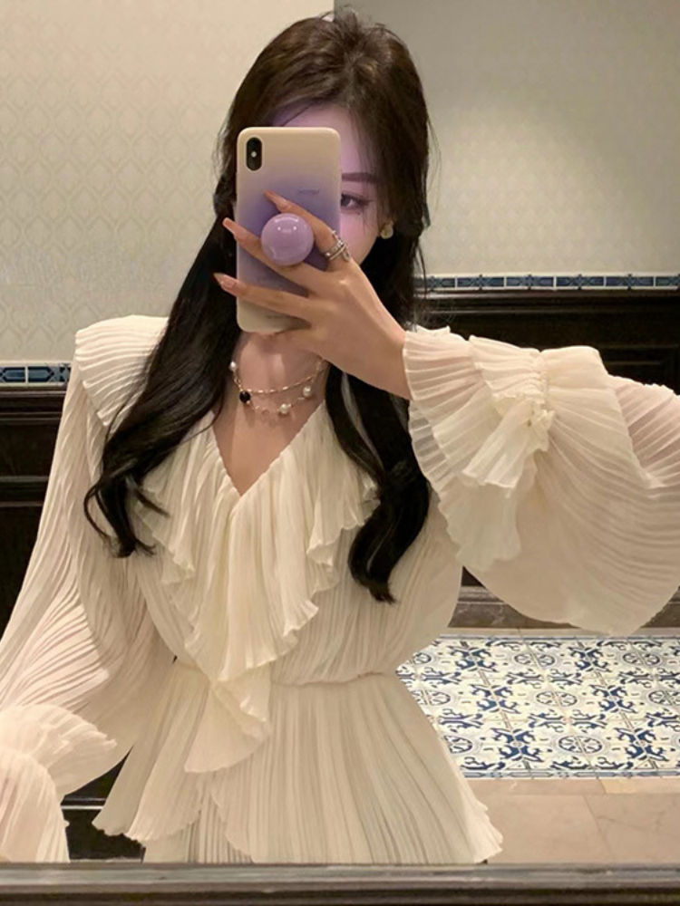 Pleated Ruffle Dress Women's Clothing Long Sleeves White Long Dress Spring and Autumn Korean Retro Fashion Grace