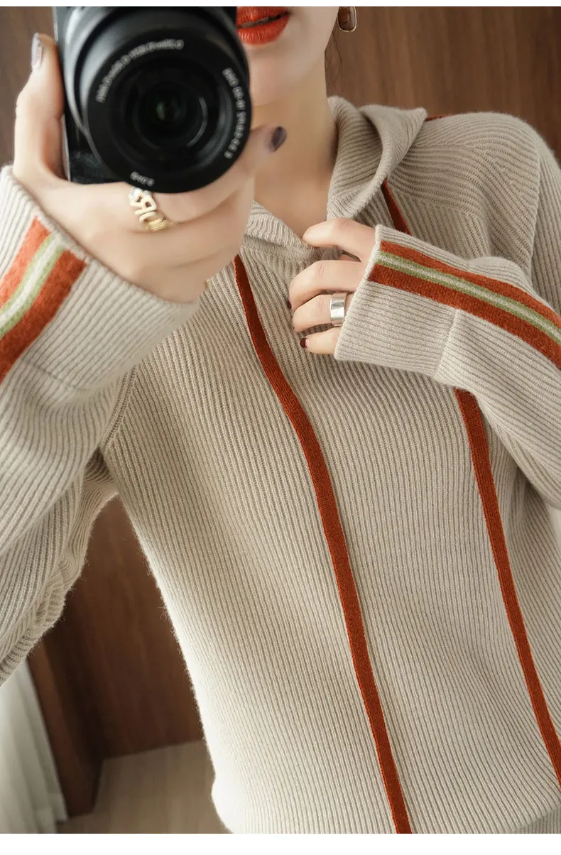 Thickened hooded 100% pure woolen sweater casual Korean hoodie women's autumn and winter new Korean casual knitting sweater