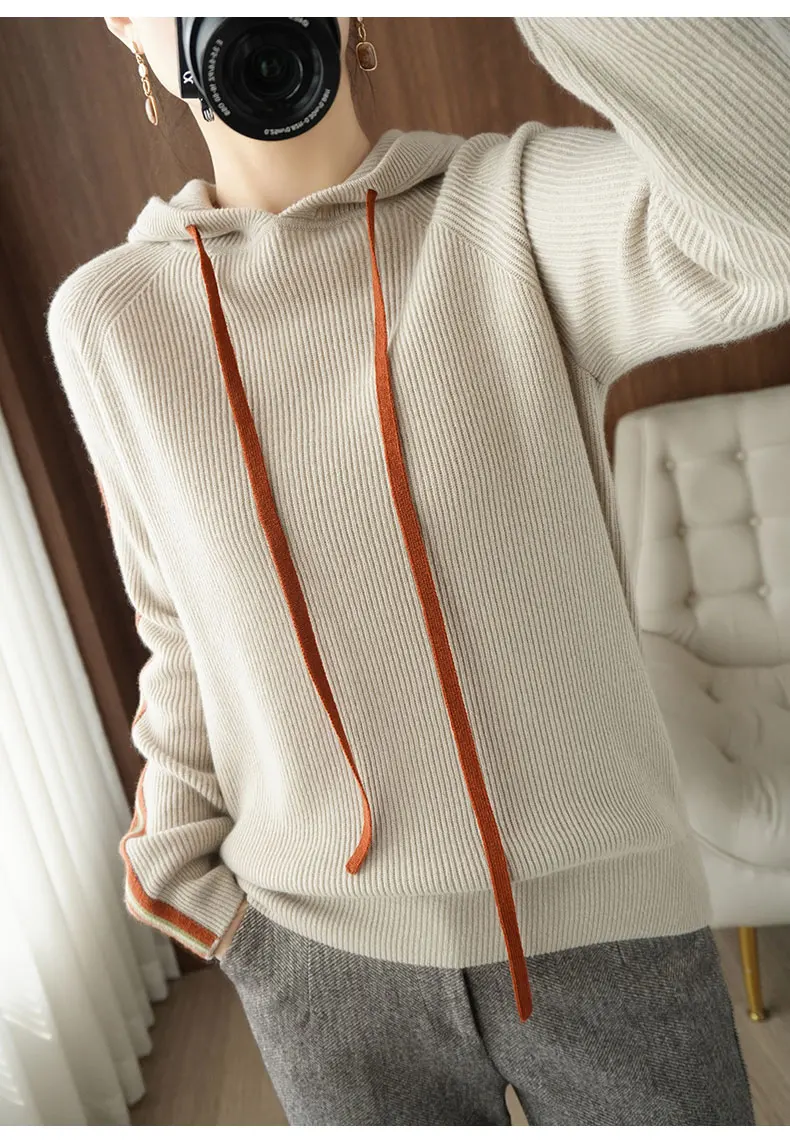 Thickened hooded 100% pure woolen sweater casual Korean hoodie women's autumn and winter new Korean casual knitting sweater
