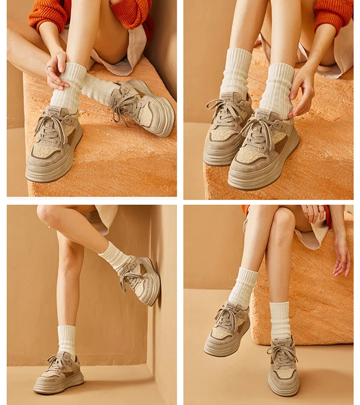BeauToday Casual Sneakers Women Suede Leather Patchwork Cross Tied  Thick Sole Winter Warm Lady Vulcanize Shoes Handmade 29197