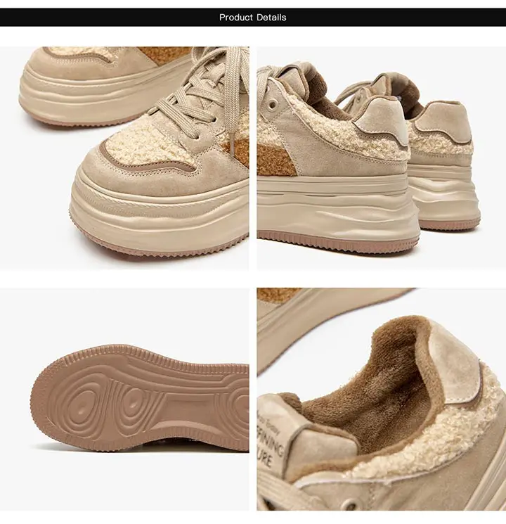 BeauToday Casual Sneakers Women Suede Leather Patchwork Cross Tied  Thick Sole Winter Warm Lady Vulcanize Shoes Handmade 29197