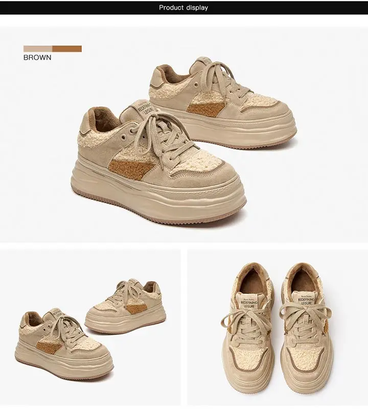 BeauToday Casual Sneakers Women Suede Leather Patchwork Cross Tied  Thick Sole Winter Warm Lady Vulcanize Shoes Handmade 29197