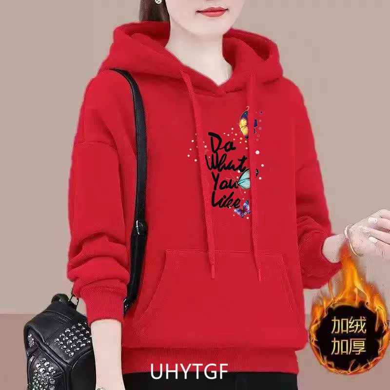 UHYTGF M-4XL Hoodie Women's Fashion Print Pullover Hooded Winter Sweatshirts Jacket Female Korean Loose Casual Ladies Coat 2322