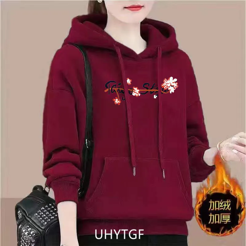 UHYTGF M-4XL Hoodie Women's Fashion Print Pullover Hooded Winter Sweatshirts Jacket Female Korean Loose Casual Ladies Coat 2322