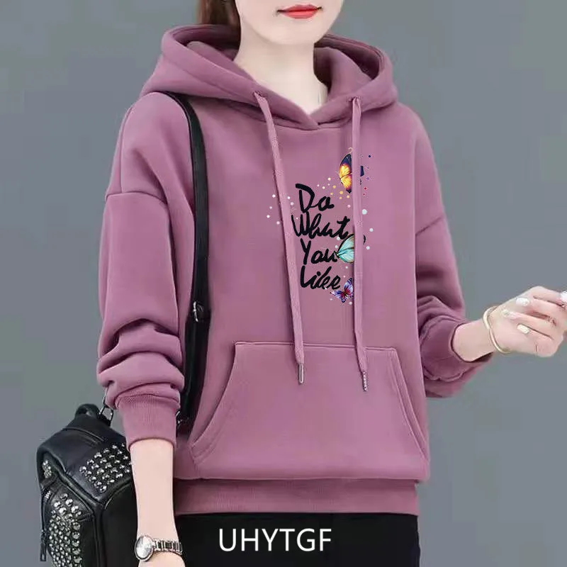 UHYTGF M-4XL Hoodie Women's Fashion Print Pullover Hooded Winter Sweatshirts Jacket Female Korean Loose Casual Ladies Coat 2322