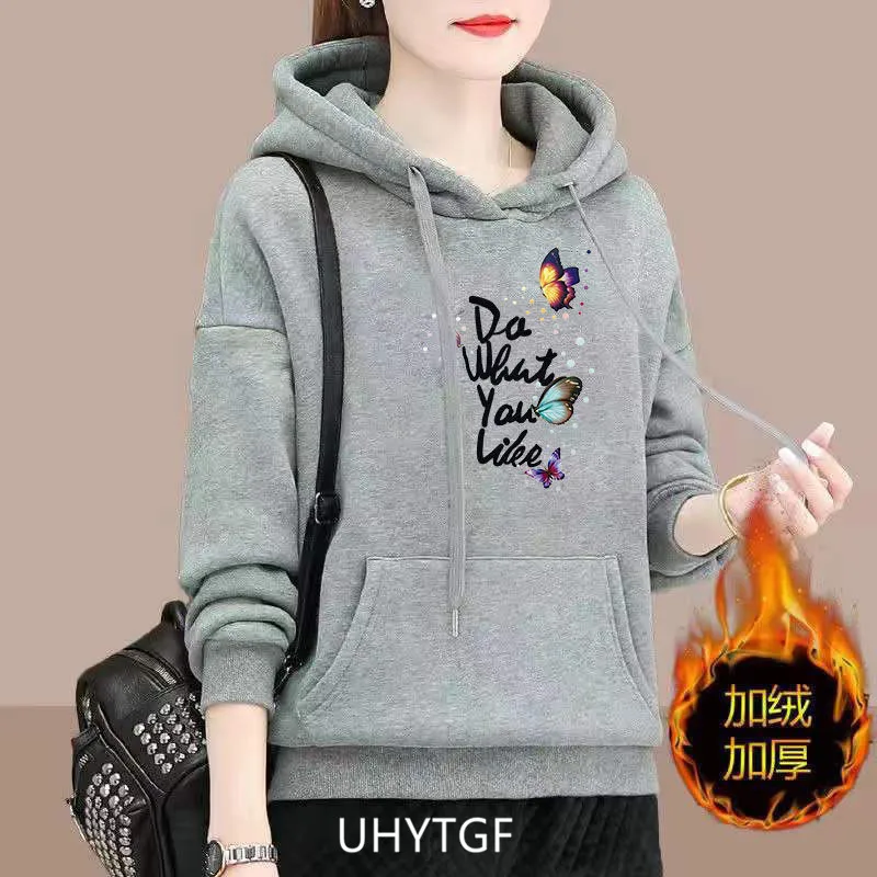 UHYTGF M-4XL Hoodie Women's Fashion Print Pullover Hooded Winter Sweatshirts Jacket Female Korean Loose Casual Ladies Coat 2322