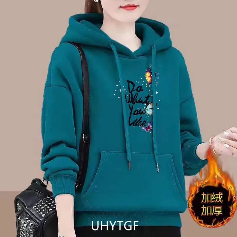 UHYTGF M-4XL Hoodie Women's Fashion Print Pullover Hooded Winter Sweatshirts Jacket Female Korean Loose Casual Ladies Coat 2322