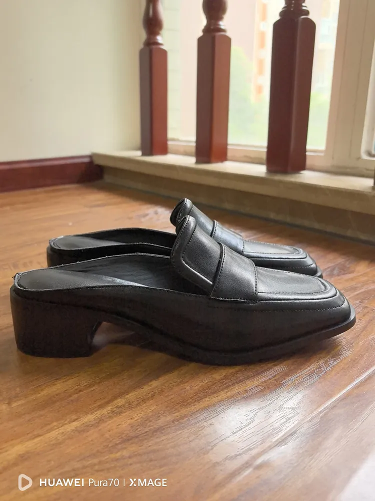 MKKHOU Fashion Sandals Women New High Quality Genuine Soft Leather Square Toe Open Heel Muller Shoes Outside Casual Slippers