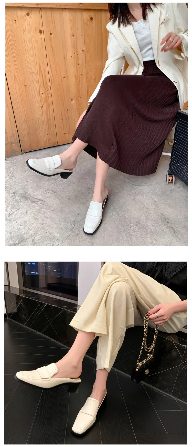 MKKHOU Fashion Sandals Women New High Quality Genuine Soft Leather Square Toe Open Heel Muller Shoes Outside Casual Slippers
