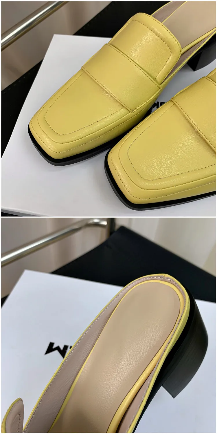 MKKHOU Fashion Sandals Women New High Quality Genuine Soft Leather Square Toe Open Heel Muller Shoes Outside Casual Slippers