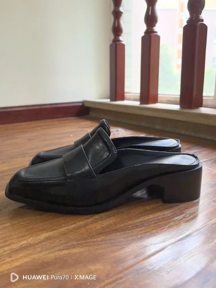 MKKHOU Fashion Sandals Women New High Quality Genuine Soft Leather Square Toe Open Heel Muller Shoes Outside Casual Slippers