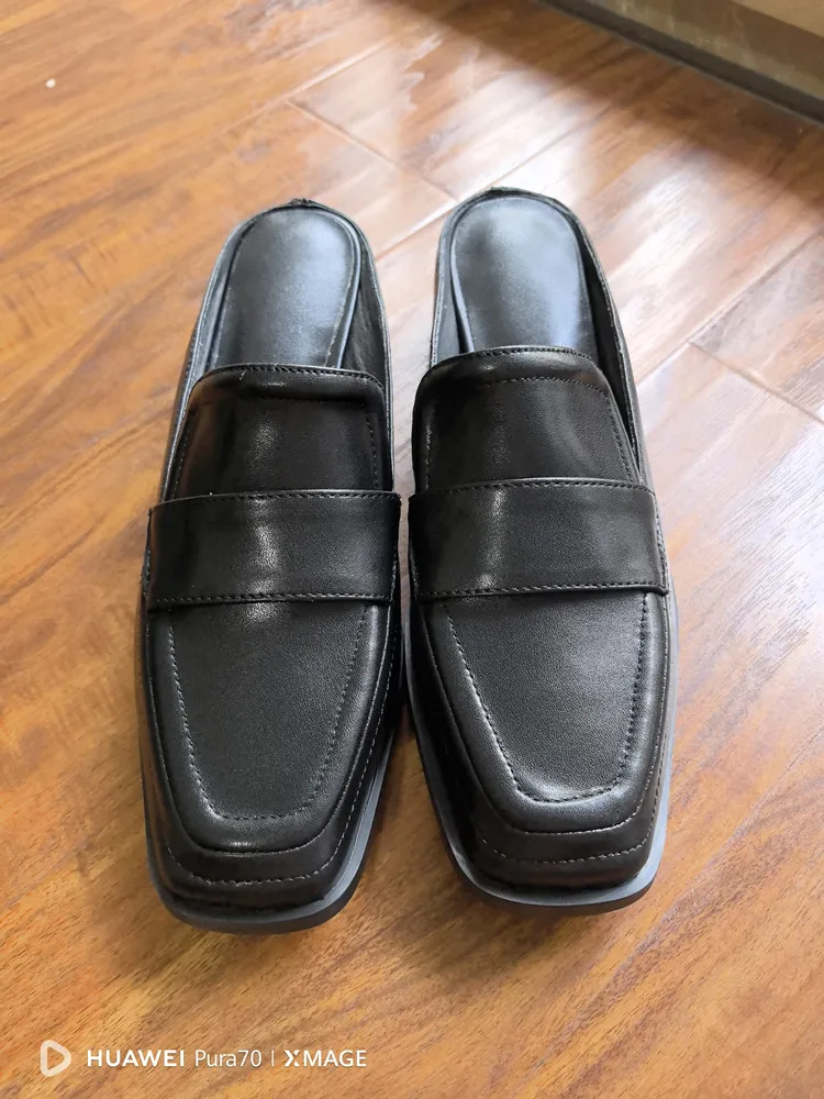 MKKHOU Fashion Sandals Women New High Quality Genuine Soft Leather Square Toe Open Heel Muller Shoes Outside Casual Slippers