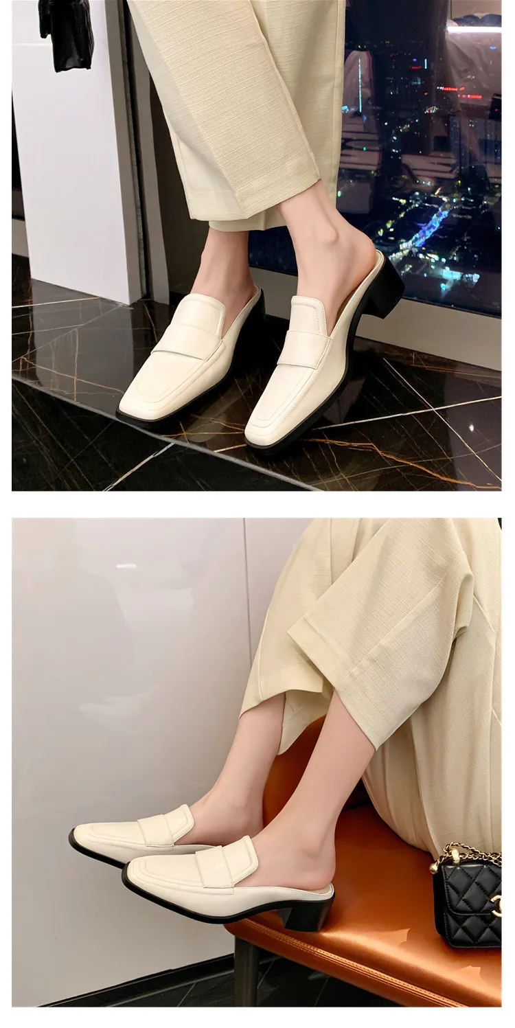 MKKHOU Fashion Sandals Women New High Quality Genuine Soft Leather Square Toe Open Heel Muller Shoes Outside Casual Slippers