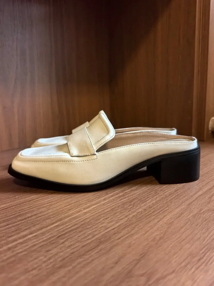 MKKHOU Fashion Sandals Women New High Quality Genuine Soft Leather Square Toe Open Heel Muller Shoes Outside Casual Slippers