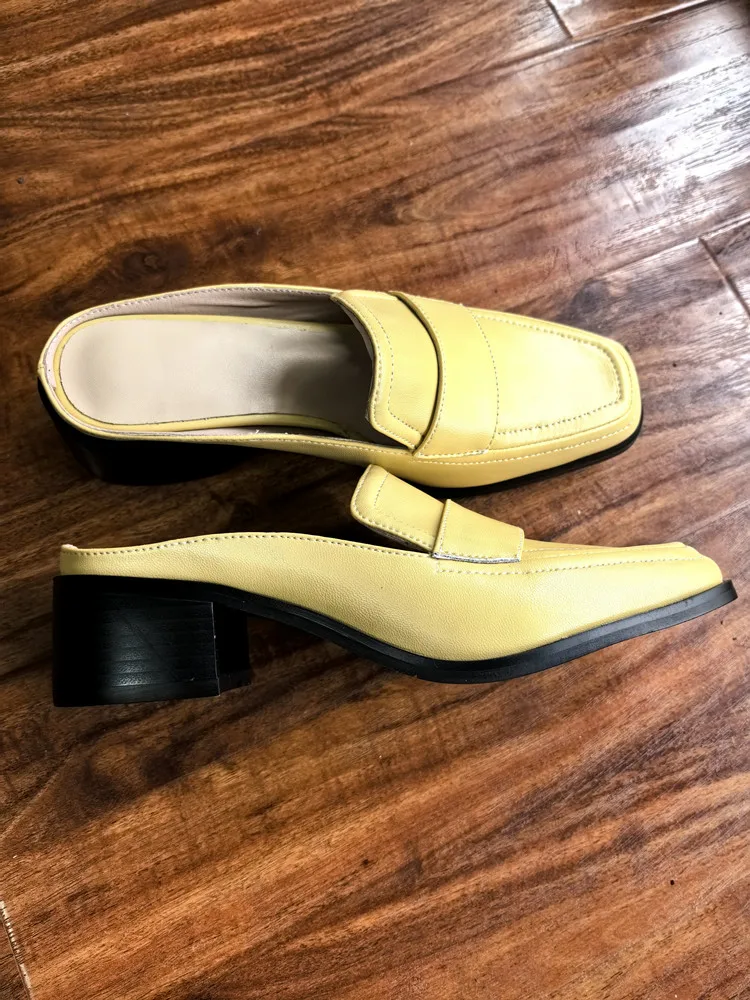 MKKHOU Fashion Sandals Women New High Quality Genuine Soft Leather Square Toe Open Heel Muller Shoes Outside Casual Slippers