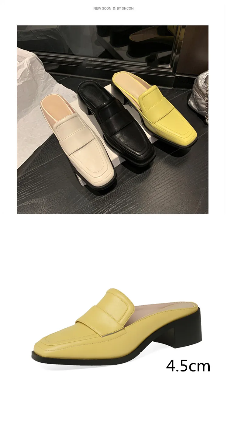 MKKHOU Fashion Sandals Women New High Quality Genuine Soft Leather Square Toe Open Heel Muller Shoes Outside Casual Slippers