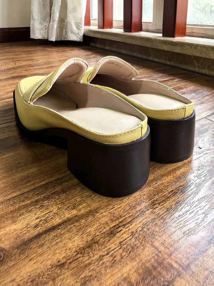 MKKHOU Fashion Sandals Women New High Quality Genuine Soft Leather Square Toe Open Heel Muller Shoes Outside Casual Slippers