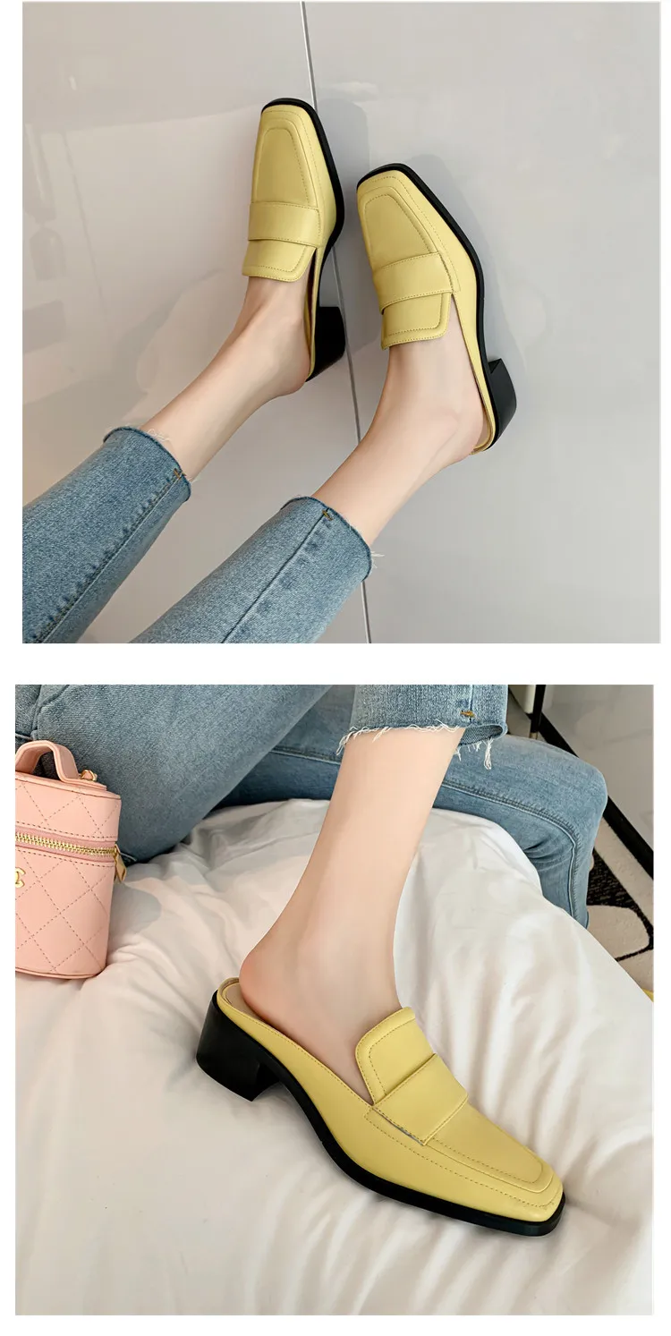 MKKHOU Fashion Sandals Women New High Quality Genuine Soft Leather Square Toe Open Heel Muller Shoes Outside Casual Slippers