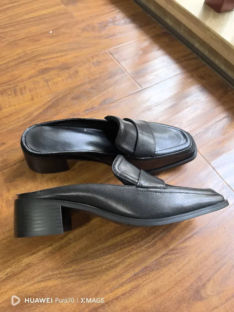 MKKHOU Fashion Sandals Women New High Quality Genuine Soft Leather Square Toe Open Heel Muller Shoes Outside Casual Slippers