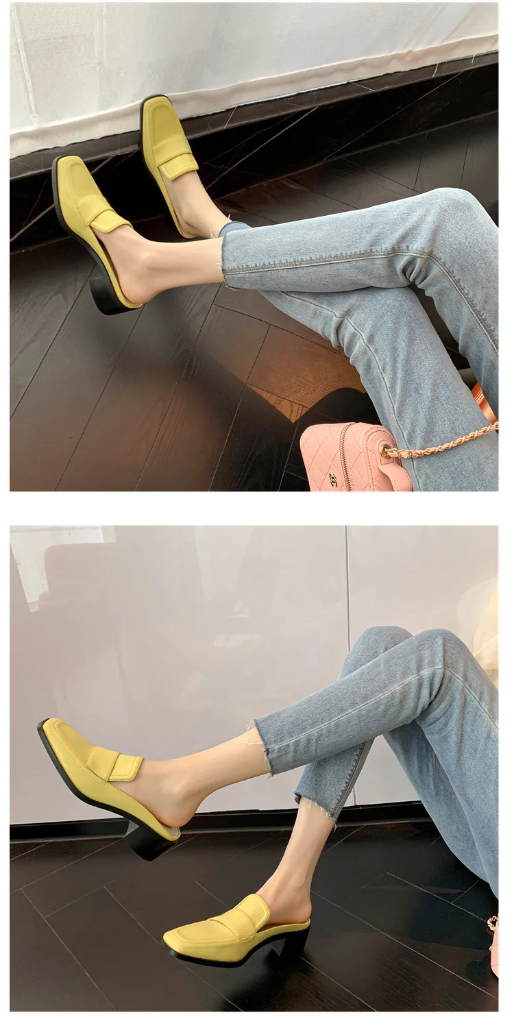 MKKHOU Fashion Sandals Women New High Quality Genuine Soft Leather Square Toe Open Heel Muller Shoes Outside Casual Slippers