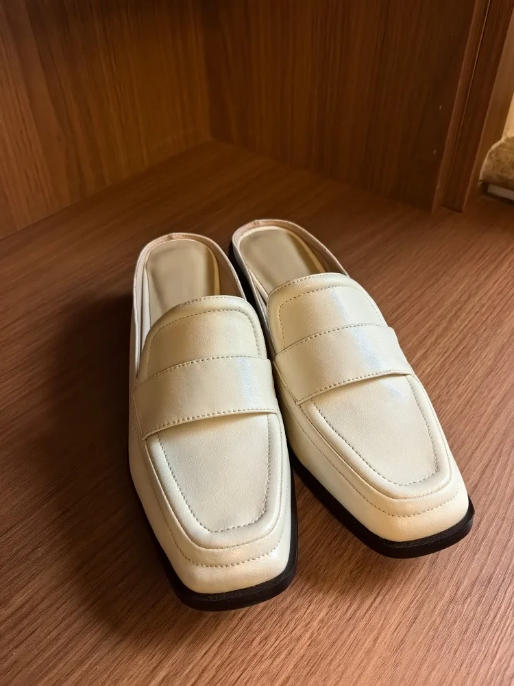 MKKHOU Fashion Sandals Women New High Quality Genuine Soft Leather Square Toe Open Heel Muller Shoes Outside Casual Slippers