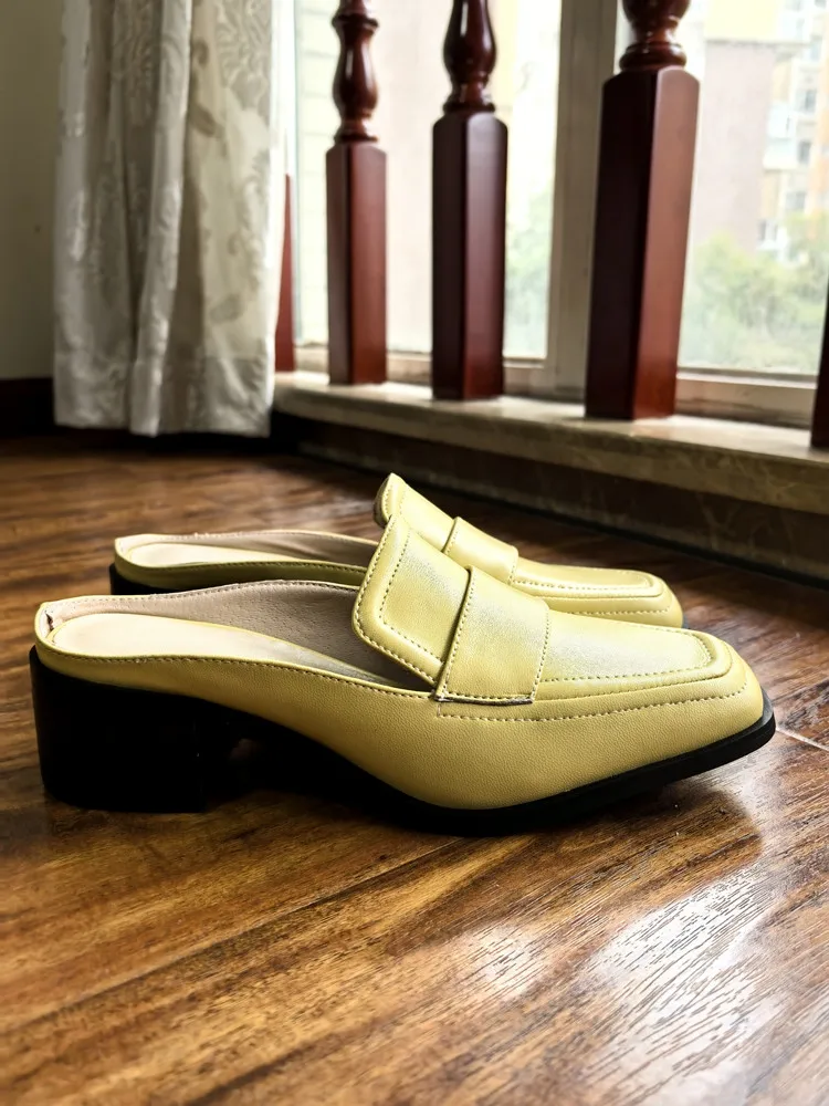 MKKHOU Fashion Sandals Women New High Quality Genuine Soft Leather Square Toe Open Heel Muller Shoes Outside Casual Slippers