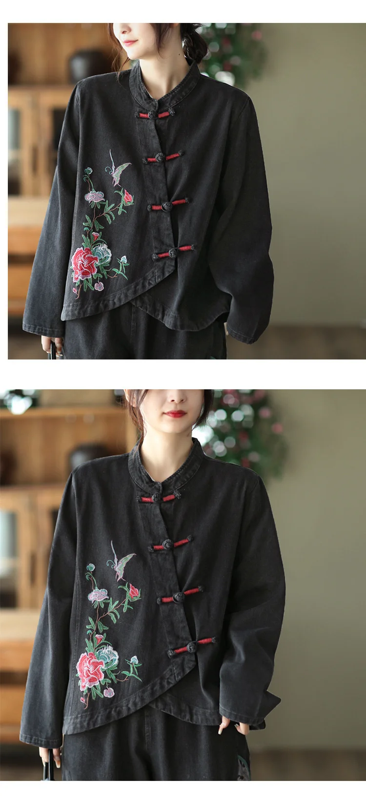 AmaxluluE 2025 Fall Chinese Style Suits Women Denim Floral Two Pieces Sets Loose Fashion Jacket Vintage Elastic High Waist Jeans